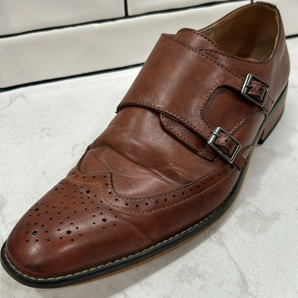 Gino Vitale Brown Monk Strap Brogue Wingtip Leather Men's Dress Shoe 9